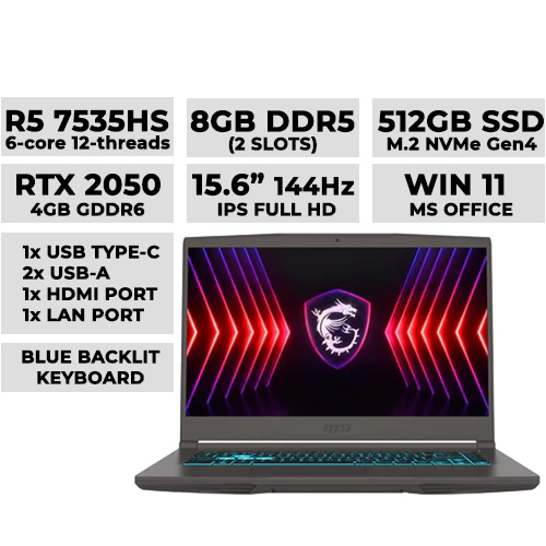 MSI Thin 15 A12UCX A15 B7UCX-084PH Gaming Laptop 15.6" IPS 144Hz | Ryzen 5 7535HS | 8GB DDR5 (2 Slots) | 512GB NVMe | RTX 2050 4GB